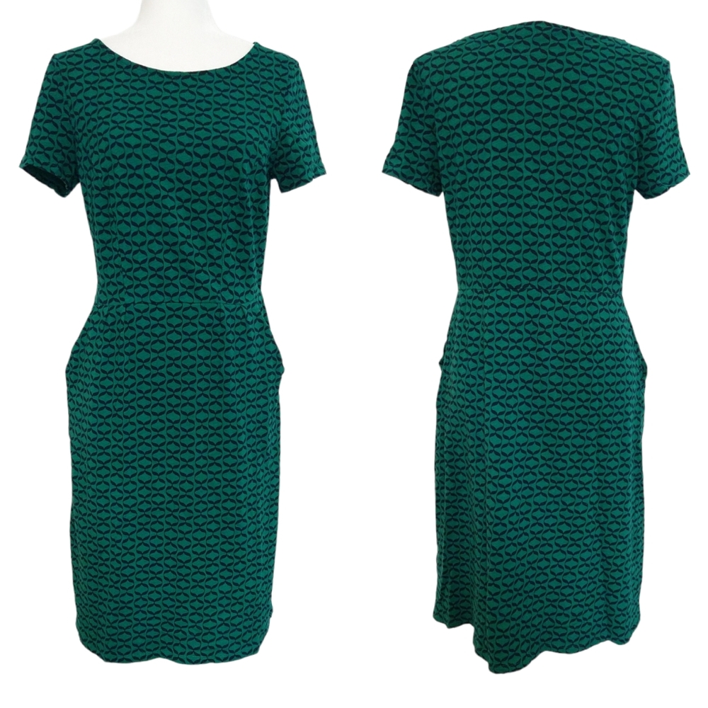 Boden Phoebe Jersey Short Sleeve Dress, Green & Navy Blue Geometric